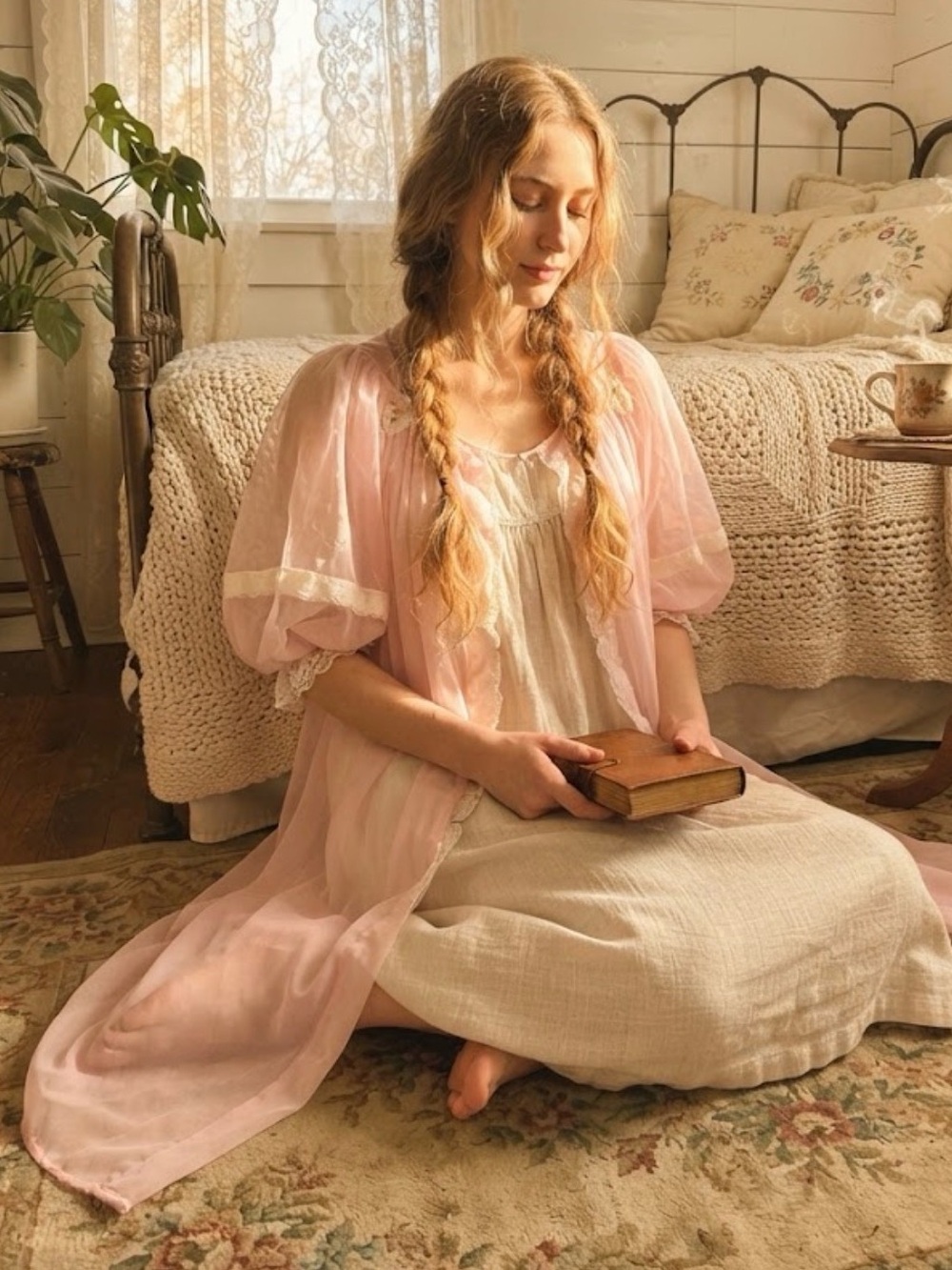 Vintage 70s Pink Sheer Puffy Sleeve Peignoir Robe Nightgown Cottagecore Lingerie